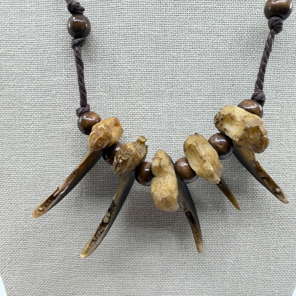Animal Claw Look Bone Pendant Wood Bead Brown Cord Necklace Tribal Gothic Boho - Picture 4 of 12